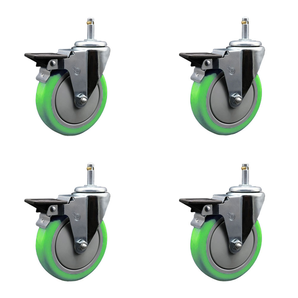 Polyurethane Swivel Grip Ring Stem Caster Set of 4 w/5" x 1.25" Green Wheels and 7/16" Stems - Includes 4 with Posi Lock Brakes - 1400 lbs Total Capacity - Service Caster Brand — photo 1