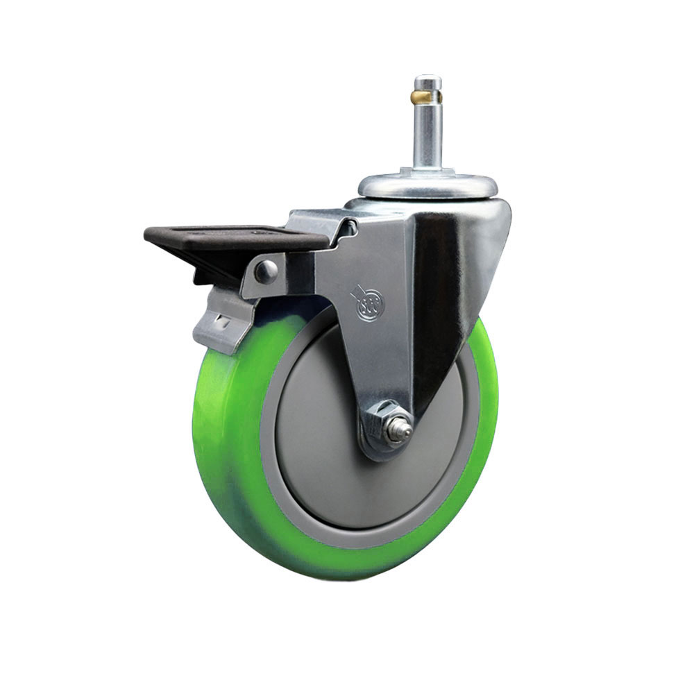 Polyurethane Swivel Grip Ring Stem Caster w/5" x 1.25"  Green Wheel and 7/16" Stem & Posi Locking Brake - 350 lbs Capacity/Caster - Service Caster Brand — photo 1