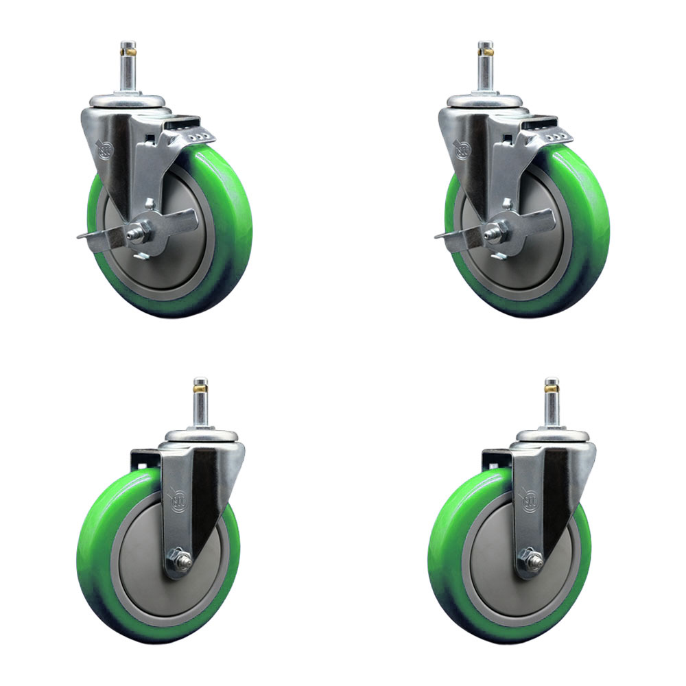 Polyurethane Swivel Grip Ring Stem Caster Set of 4 w/5" x 1.25"  Green Wheels and 7/16" Stems - Includes 2 with Top Locking Brake - 1400 lbs Total Capacity - Service Caster Brand — photo 1