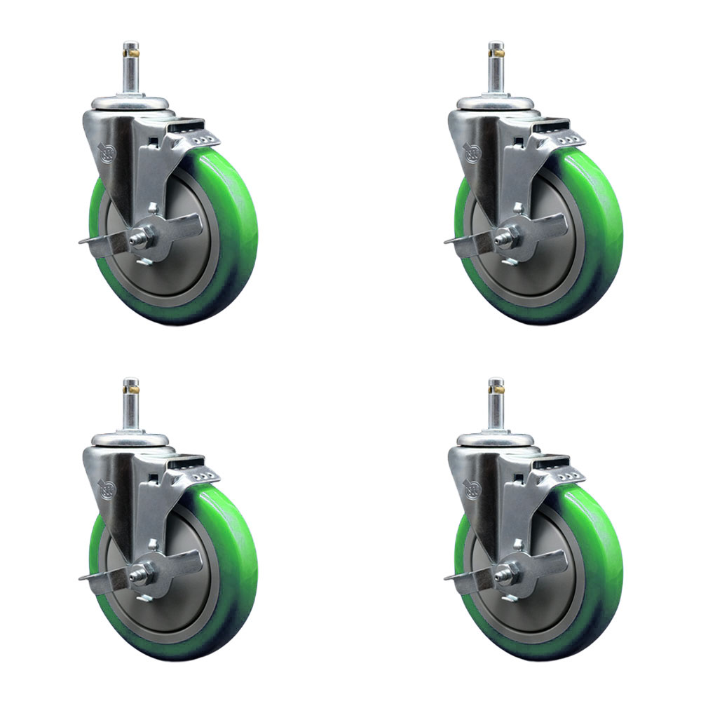 Polyurethane Swivel Grip Ring Stem Caster Set of 4 w/5" x 1.25" Green Wheels and 7/16" Stems - Includes 4 with Top Lock Brakes - 1400 lbs Total Capacity - Service Caster Brand — photo 1