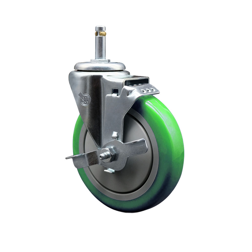 Polyurethane Swivel Grip Ring Stem Caster w/5" x 1.25"  Green Wheel and 7/16" Stem & Top Locking Brake - 350 lbs Capacity/Caster - Service Caster Brand — photo 1