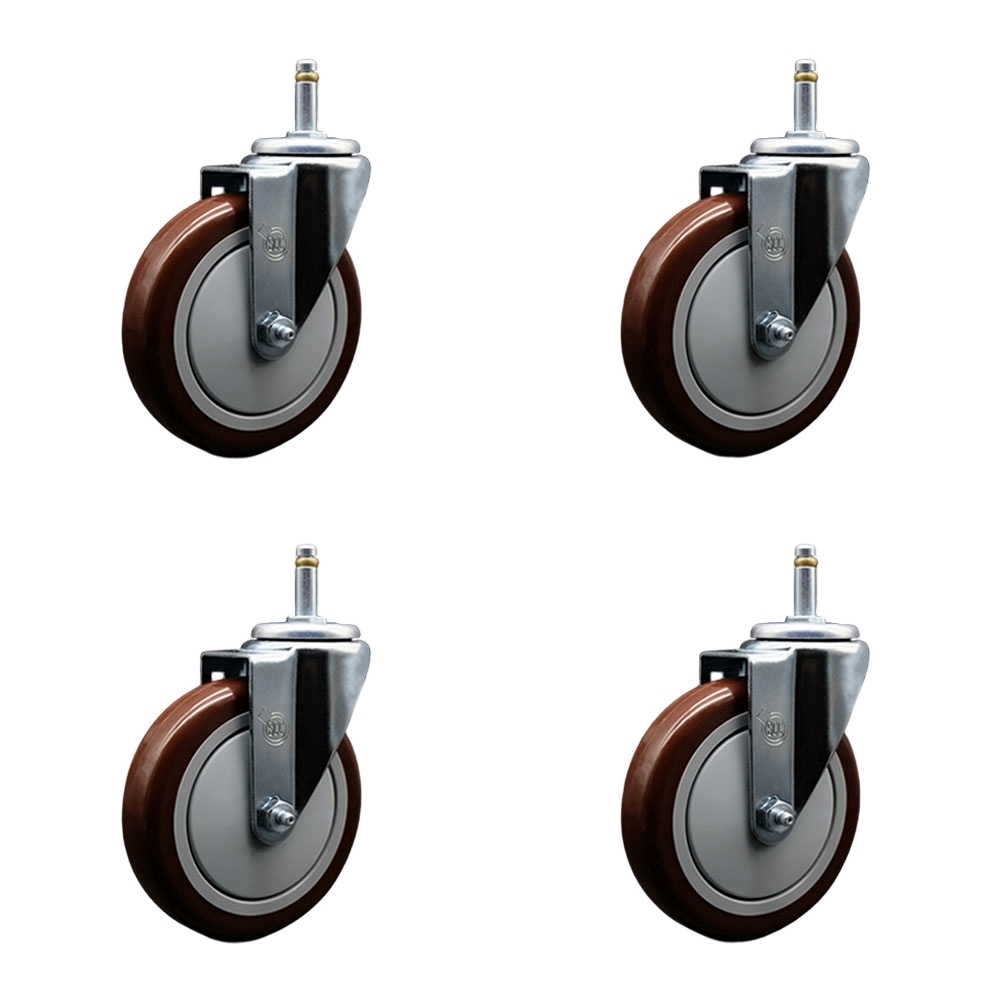 Polyurethane Swivel Grip Ring Stem Caster Set of 4 w/5" x 1.25" Maroon Wheels and 7/16" Stems - Includes 4 Swivel - 1400 lbs Total Capacity - Service Caster Brand — photo 1