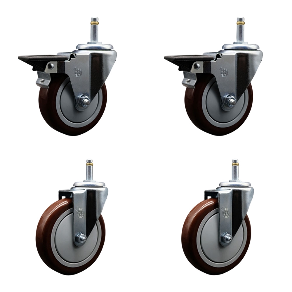 Polyurethane Swivel Grip Ring Stem Caster Set of 4 w/5" x 1.25"  Maroon Wheels and 7/16" Stems - Includes 2 with Posi Locking Brake - 1400 lbs Total Capacity - Service Caster Brand — photo 1