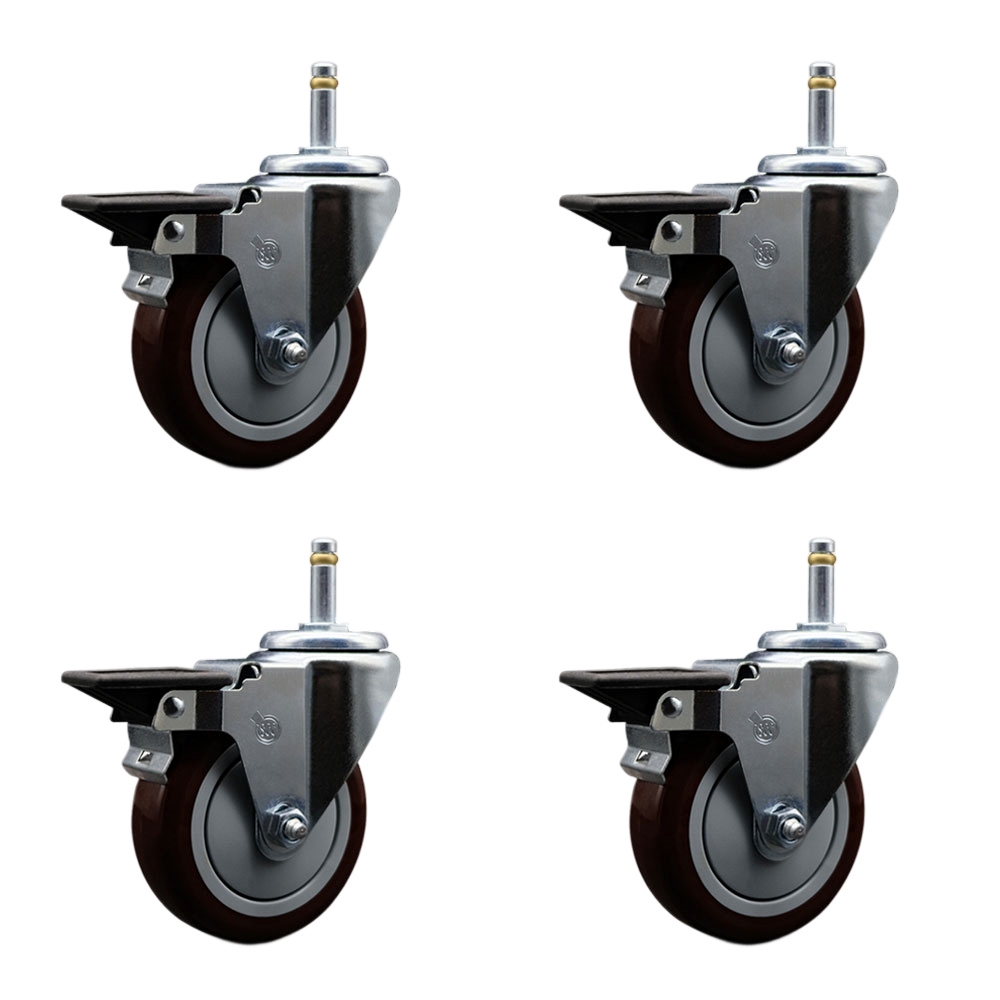 Polyurethane Swivel Grip Ring Stem Caster Set of 4 w/5" x 1.25" Maroon Wheels and 7/16" Stems - Includes 4 with Posi Lock Brakes - 1400 lbs Total Capacity - Service Caster Brand — photo 1