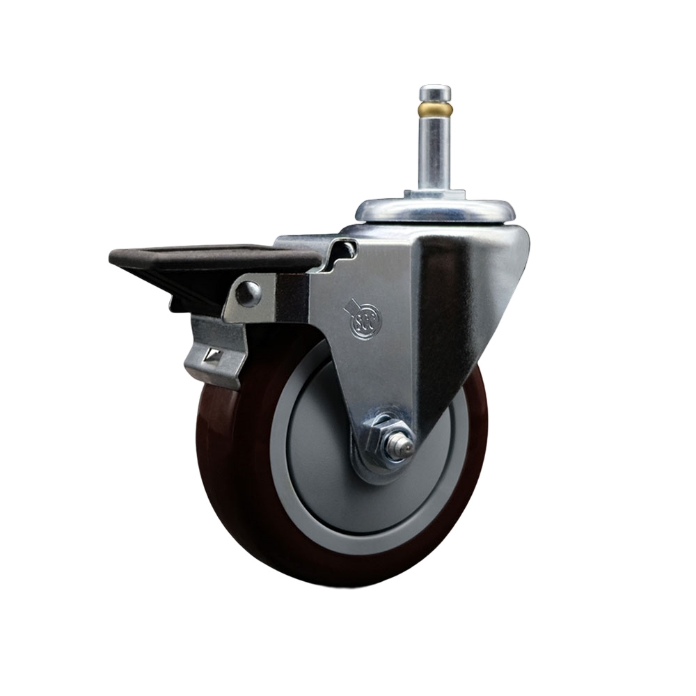 Polyurethane Swivel Grip Ring Stem Caster w/5" x 1.25"  Maroon Wheel and 7/16" Stem & Posi Locking Brake - 350 lbs Capacity/Caster - Service Caster Brand — photo 1