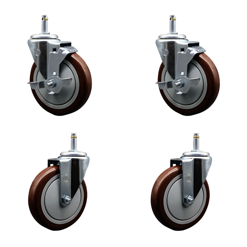 Polyurethane Swivel Grip Ring Stem Caster Set of 4 w/5" x 1.25"  Maroon Wheels and 7/16" Stems - Includes 2 with Top Locking Brake - 1400 lbs Total Capacity - Service Caster Brand — photo 1