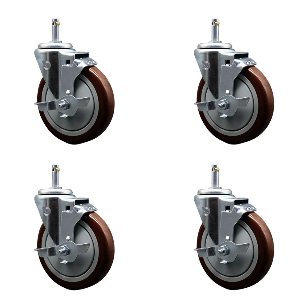 Polyurethane Swivel Grip Ring Stem Caster Set of 4 w/5" x 1.25" Maroon Wheels and 7/16" Stems - Includes 4 with Top Lock Brakes - 1400 lbs Total Capacity - Service Caster Brand — photo 1