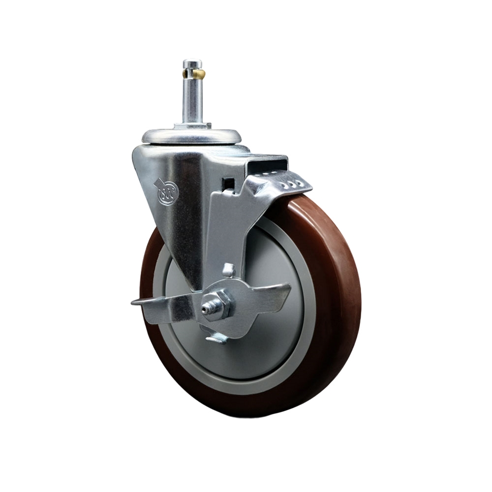 Polyurethane Swivel Grip Ring Stem Caster w/5" x 1.25"  Maroon Wheel and 7/16" Stem & Top Locking Brake - 350 lbs Capacity/Caster - Service Caster Brand — photo 1