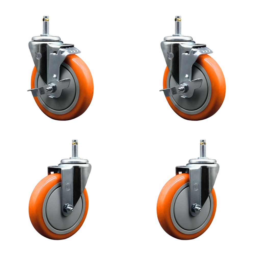 Polyurethane Swivel Grip Ring Stem Caster Set of 4 w/5" x 1.25"  Orange Wheels and 7/16" Stems - Includes 2 with Top Locking Brake - 1400 lbs Total Capacity - Service Caster Brand — photo 1