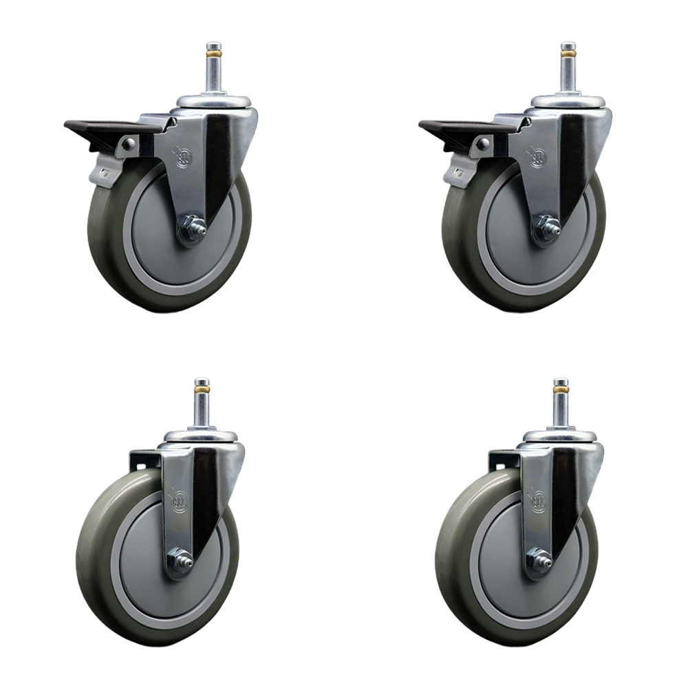 Polyurethane Swivel Grip Ring Stem Caster Set of 4 w/5" x 1.25"  Gray Wheels and 7/16" Stems - Includes 2 with Posi Locking Brake - 1400 lbs Total Capacity - Service Caster Brand — photo 1