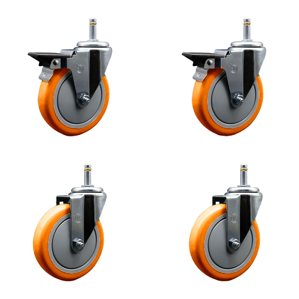 Polyurethane Swivel Grip Ring Stem Caster Set of 4 w/5" x 1.25"  Orange Wheels and 7/16" Stems - Includes 2 with Posi Locking Brake - 1400 lbs Total Capacity - Service Caster Brand — photo 1