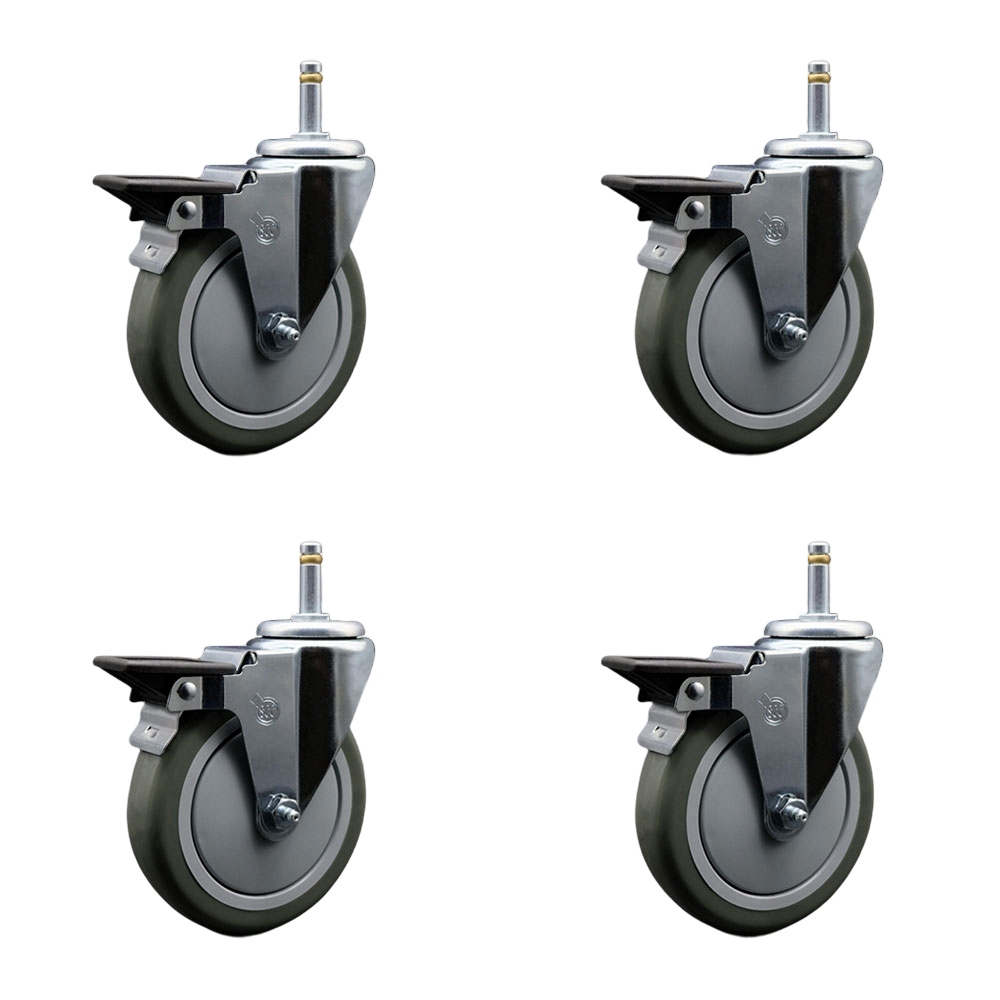 Polyurethane Swivel Grip Ring Stem Caster Set of 4 w/5" x 1.25" Gray Wheels and 7/16" Stems - Includes 4 with Posi Lock Brakes - 1400 lbs Total Capacity - Service Caster Brand — photo 1