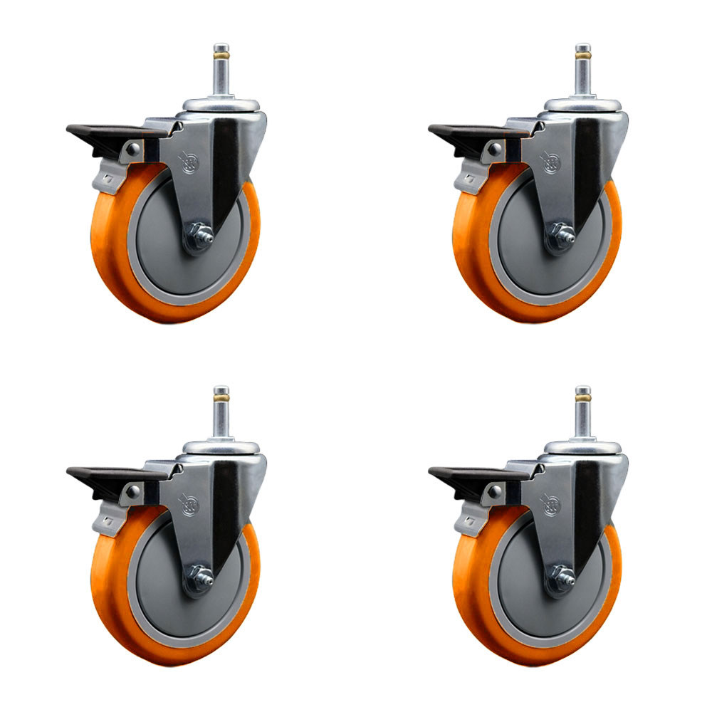 Polyurethane Swivel Grip Ring Stem Caster Set of 4 w/5" x 1.25" Orange Wheels and 7/16" Stems - Includes 4 with Posi Lock Brakes - 1400 lbs Total Capacity - Service Caster Brand — photo 1