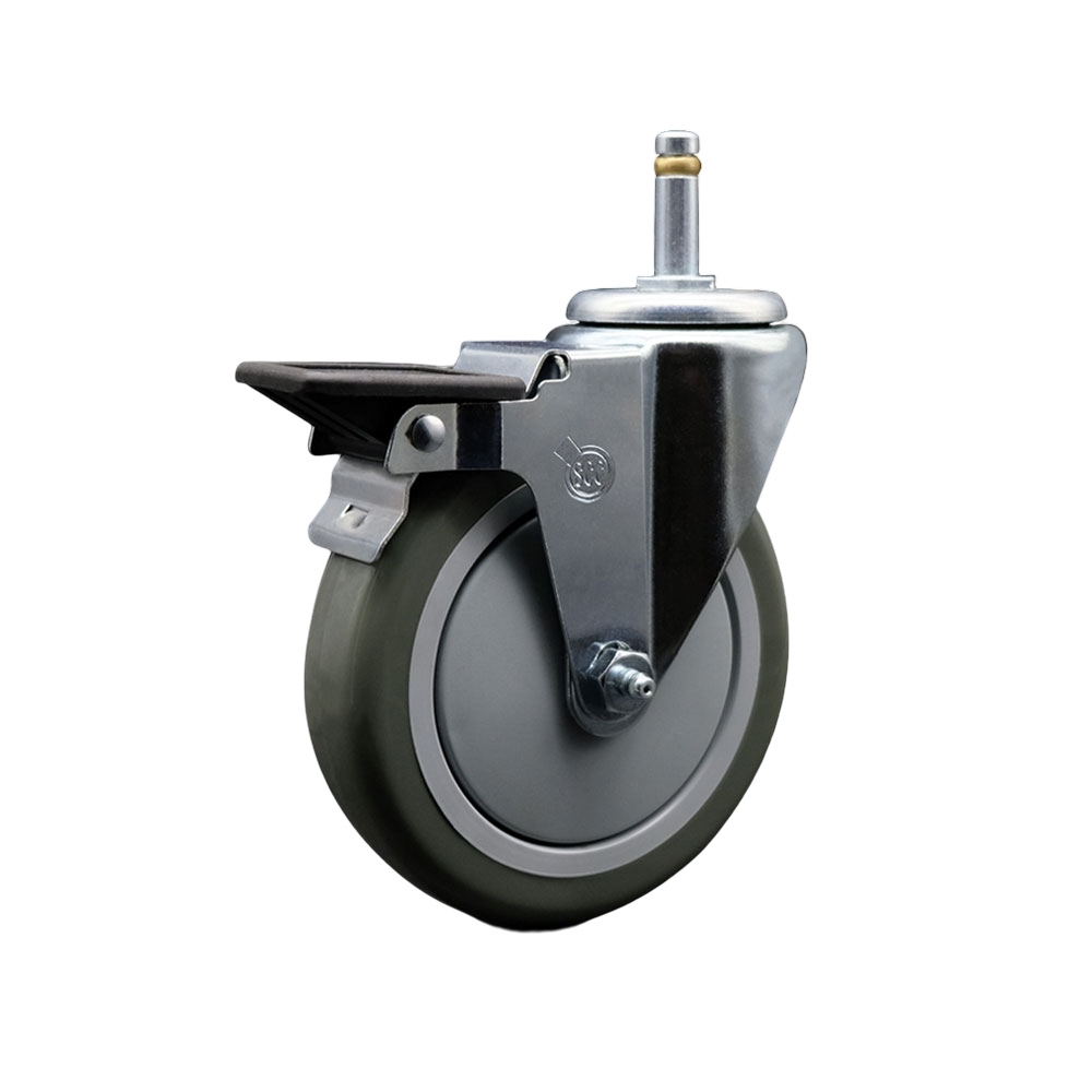 Polyurethane Swivel Grip Ring Stem Caster w/5" x 1.25"  Gray Wheel and 7/16" Stem & Posi Locking Brake - 350 lbs Capacity/Caster - Service Caster Brand — photo 1