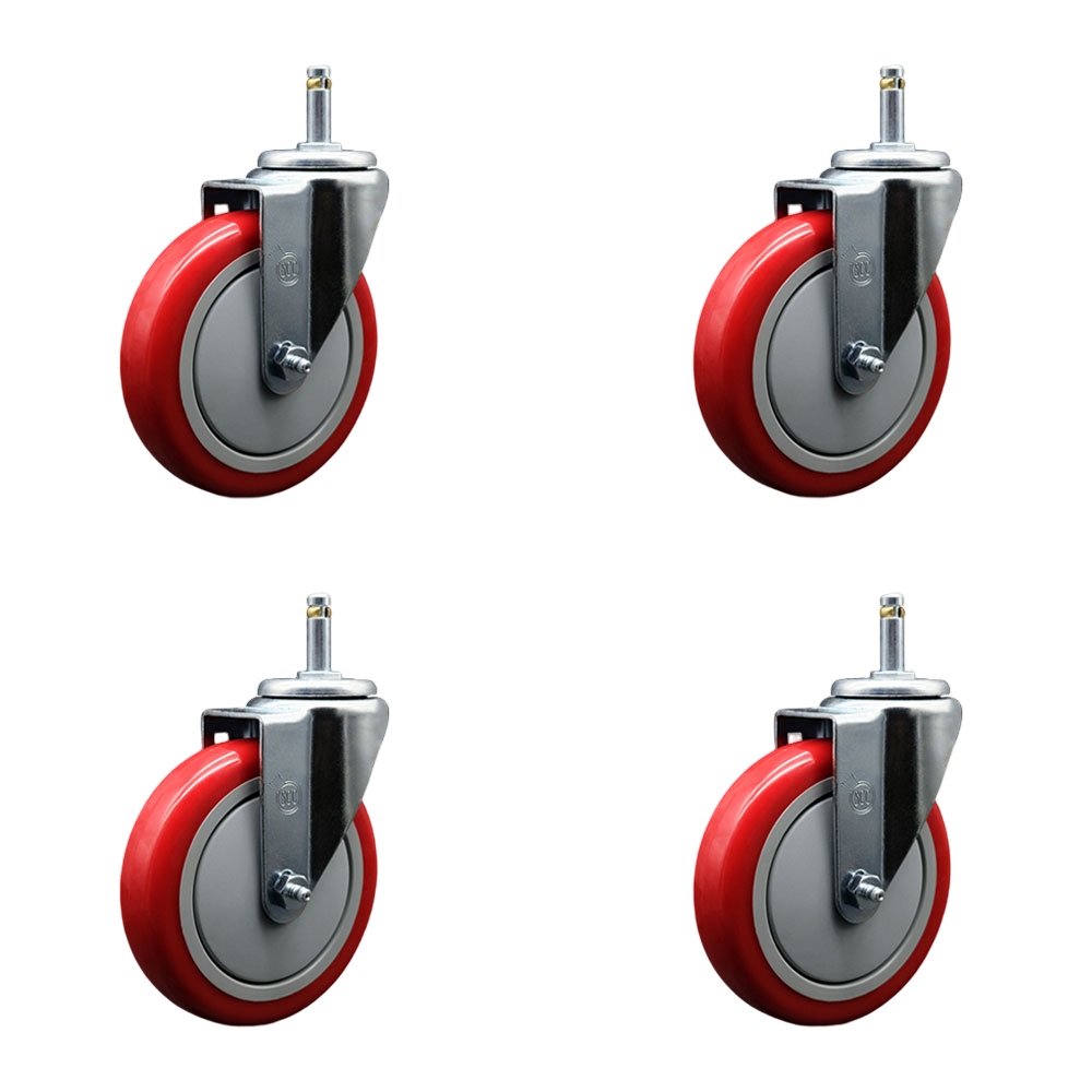 Polyurethane Swivel Grip Ring Stem Caster Set of 4 w/5" x 1.25" Red Wheels and 7/16" Stems - Includes 4 Swivel - 1400 lbs Total Capacity - Service Caster Brand — photo 1