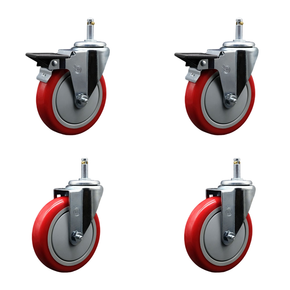 Polyurethane Swivel Grip Ring Stem Caster Set of 4 w/5" x 1.25"  Red Wheels and 7/16" Stems - Includes 2 with Posi Locking Brake - 1400 lbs Total Capacity - Service Caster Brand — photo 1