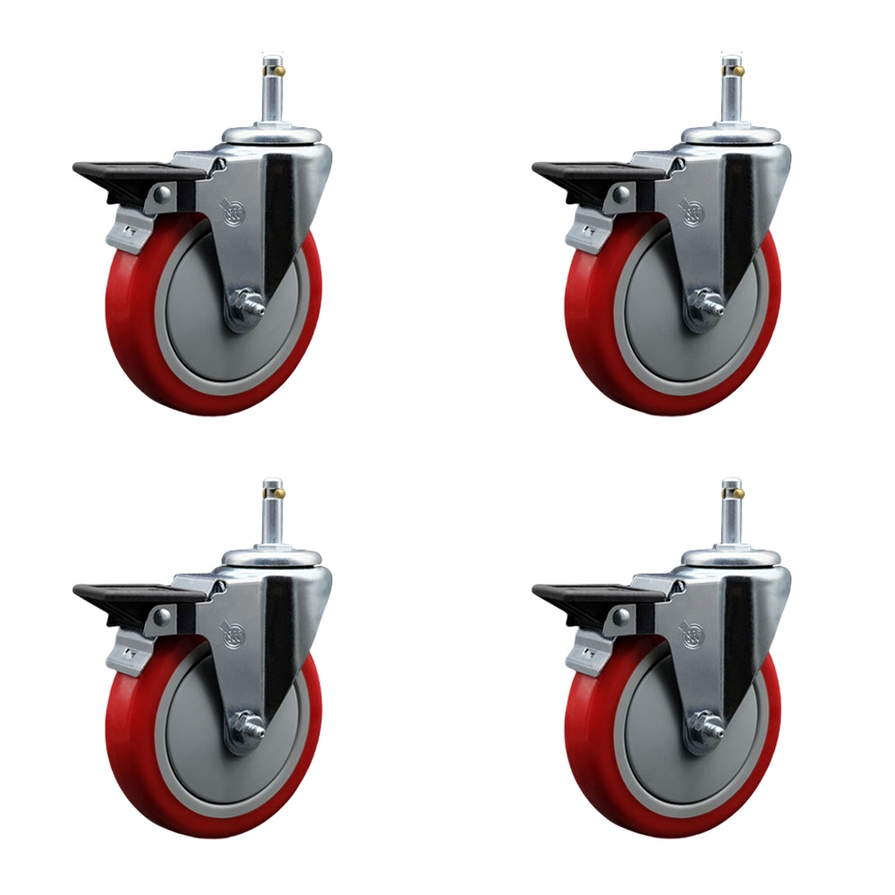 Polyurethane Swivel Grip Ring Stem Caster Set of 4 w/5" x 1.25" Red Wheels and 7/16" Stems - Includes 4 with Posi Lock Brakes - 1400 lbs Total Capacity - Service Caster Brand — photo 1