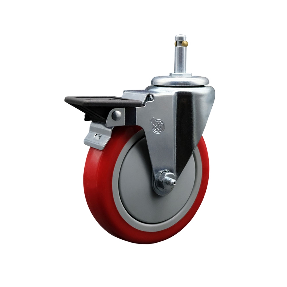 Polyurethane Swivel Grip Ring Stem Caster w/5" x 1.25"  Red Wheel and 7/16" Stem & Posi Locking Brake - 350 lbs Capacity/Caster - Service Caster Brand — photo 1