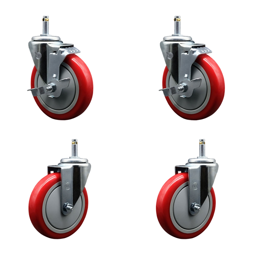 Polyurethane Swivel Grip Ring Stem Caster Set of 4 w/5" x 1.25"  Red Wheels and 7/16" Stems - Includes 2 with Top Locking Brake - 1400 lbs Total Capacity - Service Caster Brand — photo 1
