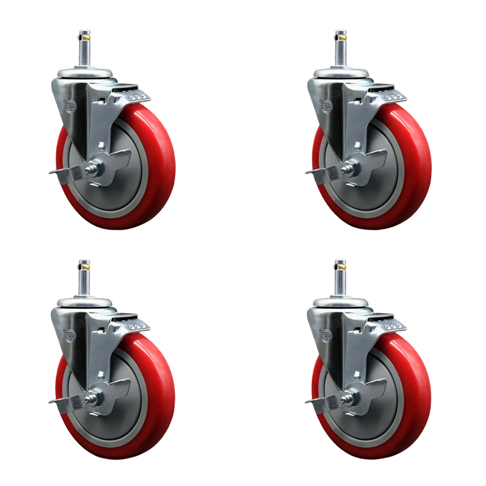 Polyurethane Swivel Grip Ring Stem Caster Set of 4 w/5" x 1.25" Red Wheels and 7/16" Stems - Includes 4 with Top Lock Brakes - 1400 lbs Total Capacity - Service Caster Brand — photo 1