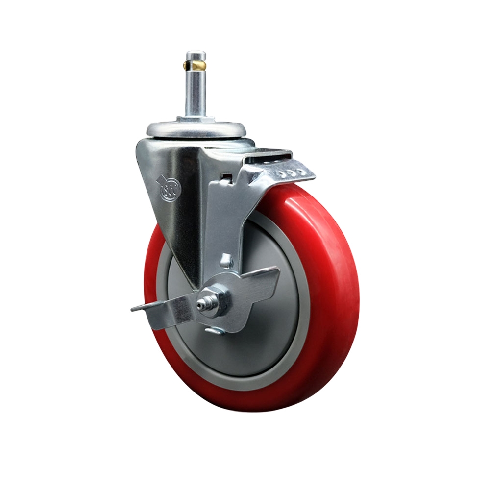 Polyurethane Swivel Grip Ring Stem Caster w/5" x 1.25"  Red Wheel and 7/16" Stem & Top Locking Brake - 350 lbs Capacity/Caster - Service Caster Brand — photo 1