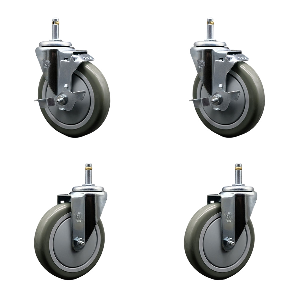 Polyurethane Swivel Grip Ring Stem Caster Set of 4 w/5" x 1.25"  Gray Wheels and 7/16" Stems - Includes 2 with Top Locking Brake - 1400 lbs Total Capacity - Service Caster Brand — photo 1