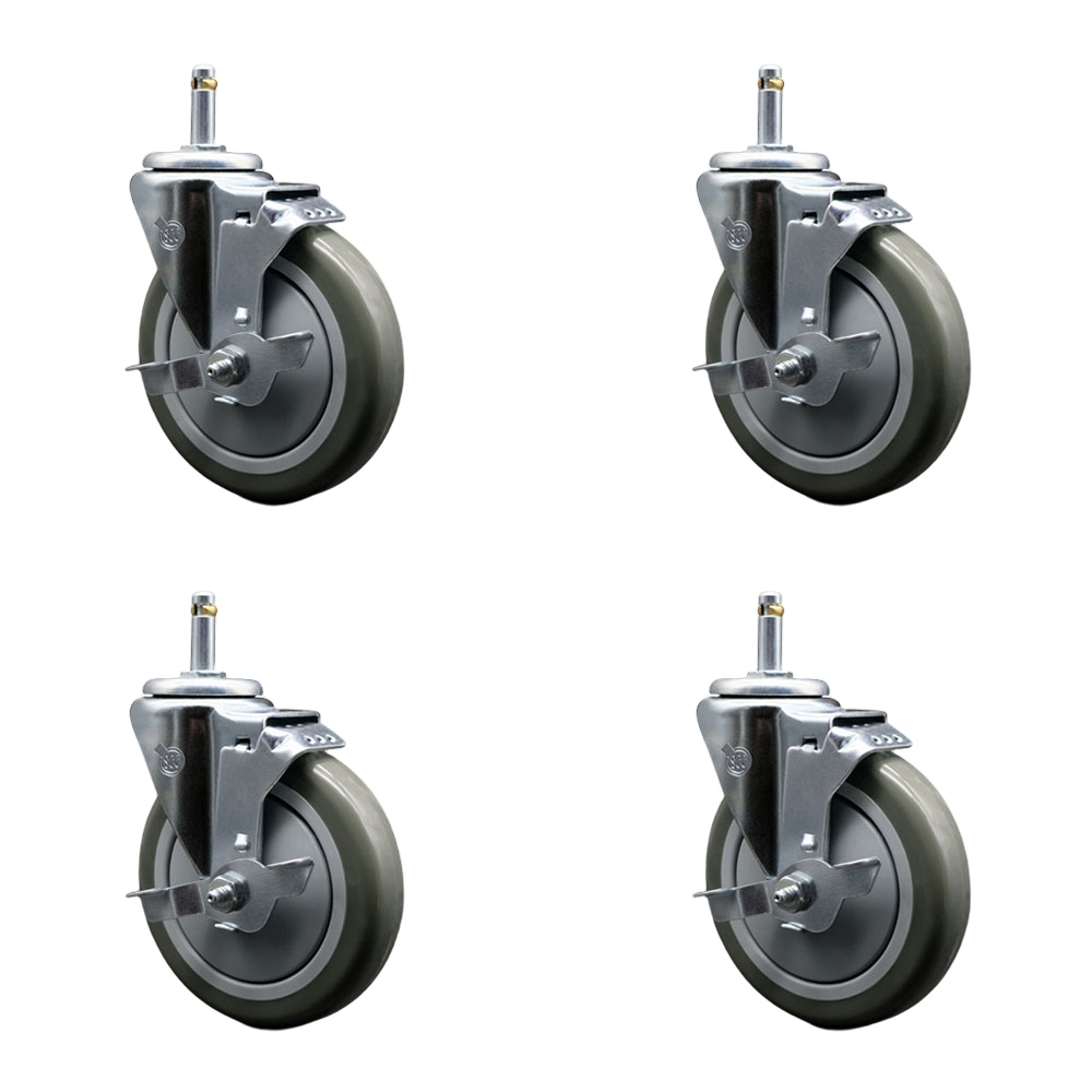 Polyurethane Swivel Grip Ring Stem Caster Set of 4 w/5" x 1.25" Gray Wheels and 7/16" Stems - Includes 4 with Top Lock Brakes - 1400 lbs Total Capacity - Service Caster Brand — photo 1