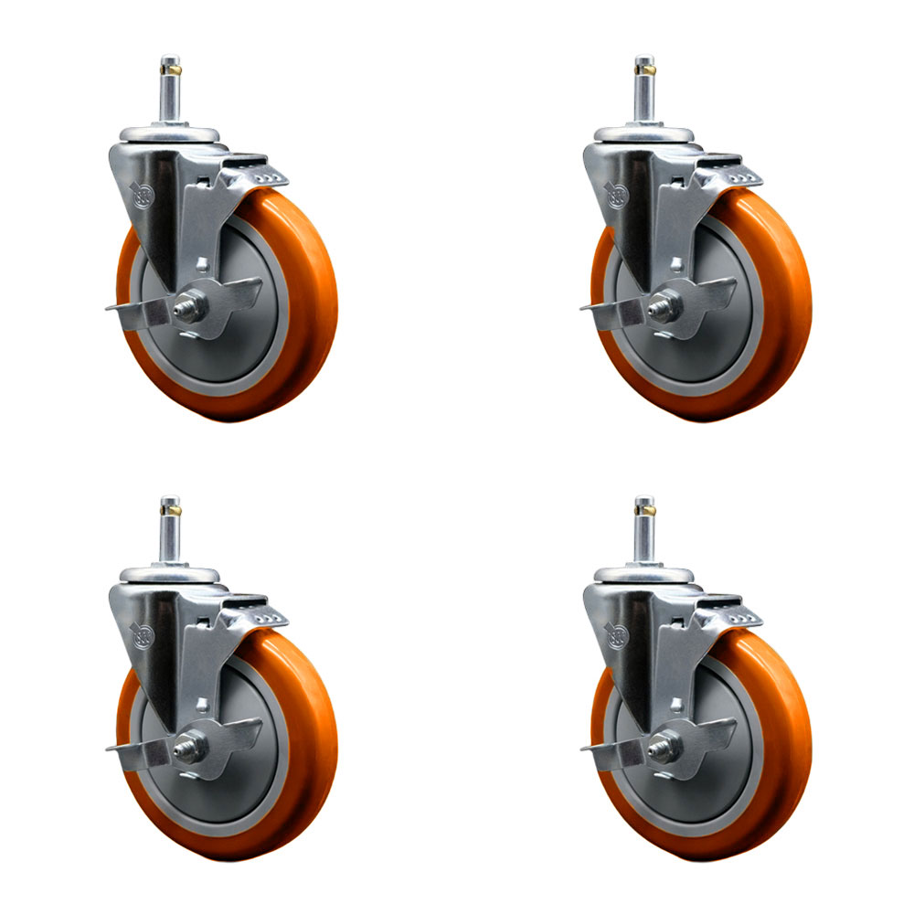 Polyurethane Swivel Grip Ring Stem Caster Set of 4 w/3" x 1.25" Orange Wheels and 7/16" Stems - Includes 4 with Total Lock Brakes - 1200 lbs Total Capacity - Service Caster Brand — photo 1