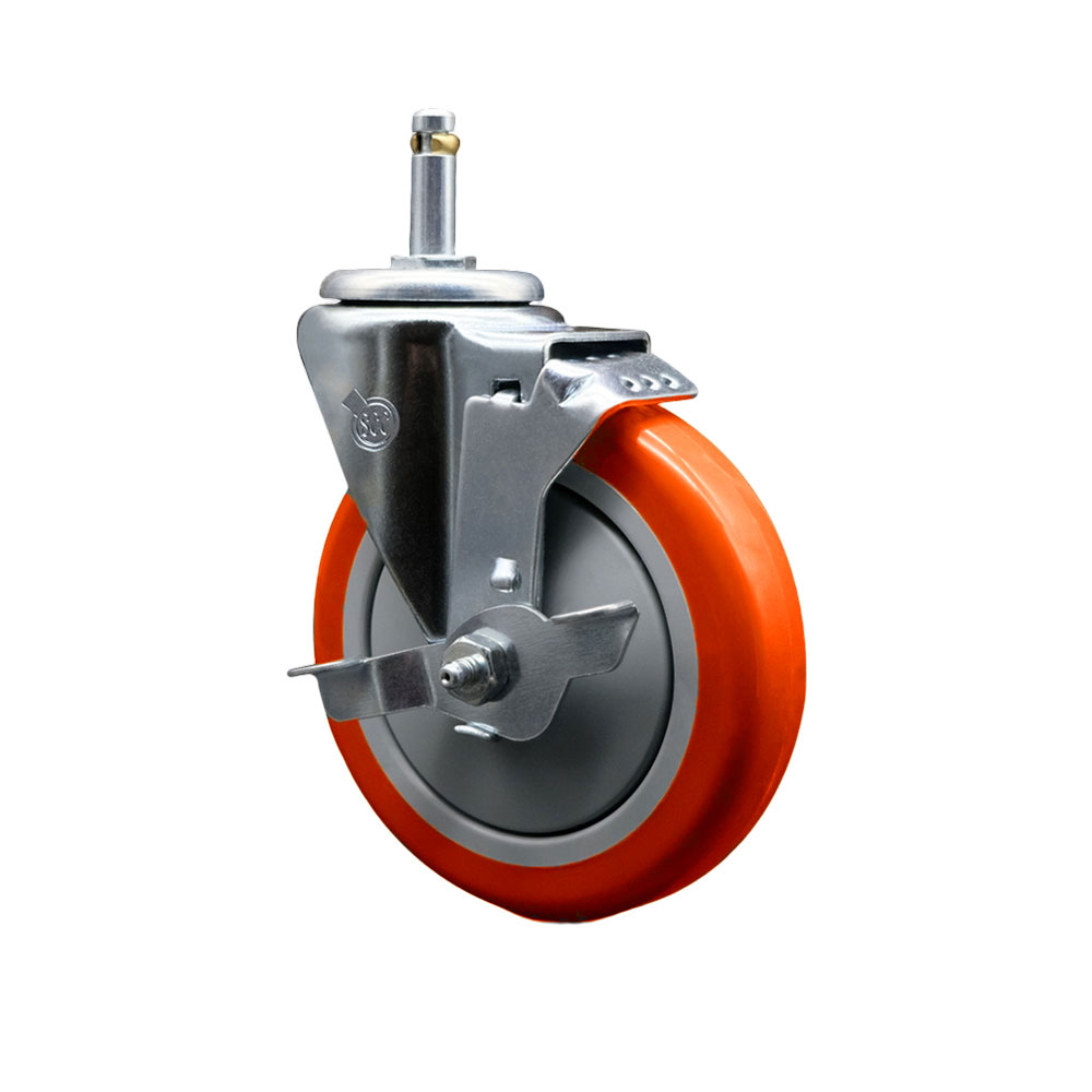 Polyurethane Swivel Grip Ring Stem Caster w/5" x 1.25" Orange Wheel and 7/16" Stem & Top Locking Brake - 350 lbs Capacity/Caster - Service Caster Brand — photo 1