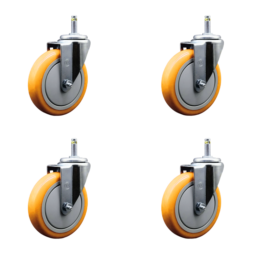 Polyurethane Swivel Grip Ring Stem Caster Set of 4 w/5" x 1.25" Yellow Wheels and 7/16" Stems - Includes 4 Swivel - 1400 lbs Total Capacity - Service Caster Brand — photo 1