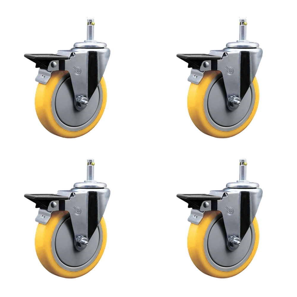 Polyurethane Swivel Grip Ring Stem Caster Set of 4 w/5" x 1.25" Yellow Wheels and 7/16" Stems - Includes 4 with Posi Lock Brakes - 1400 lbs Total Capacity - Service Caster Brand — photo 1