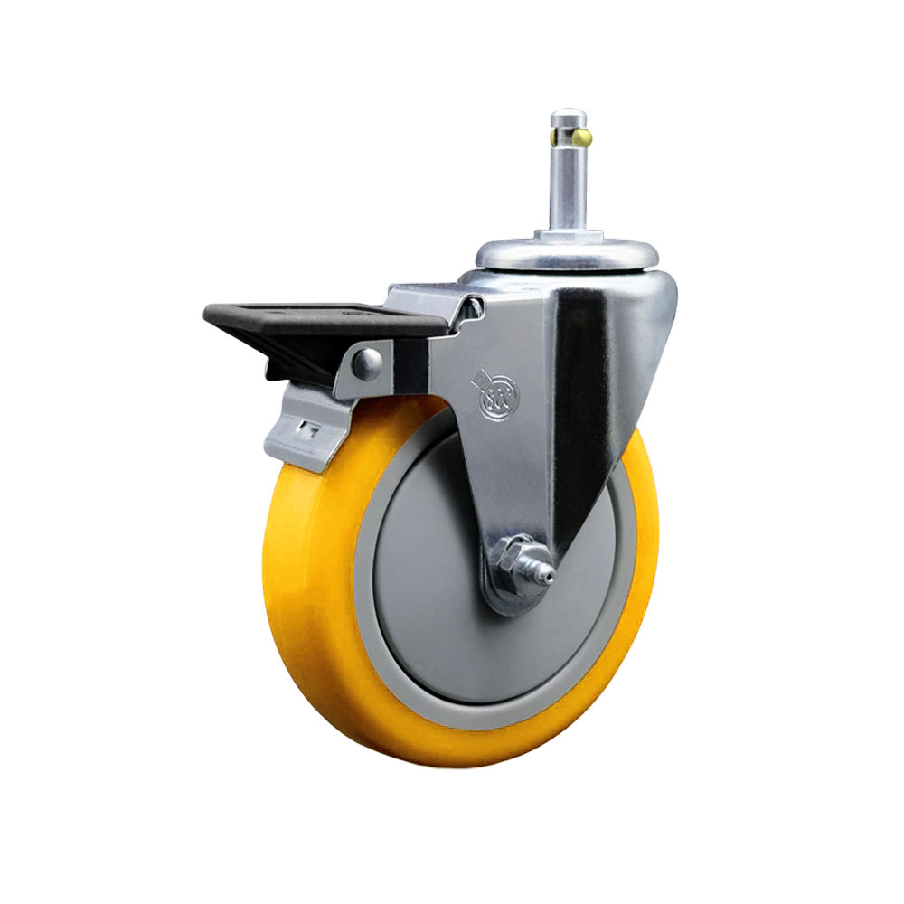 Polyurethane Swivel Grip Ring Stem Caster w/5" x 1.25"  Yellow Wheel and 7/16" Stem & Posi Locking Brake - 350 lbs Capacity/Caster - Service Caster Brand — photo 1