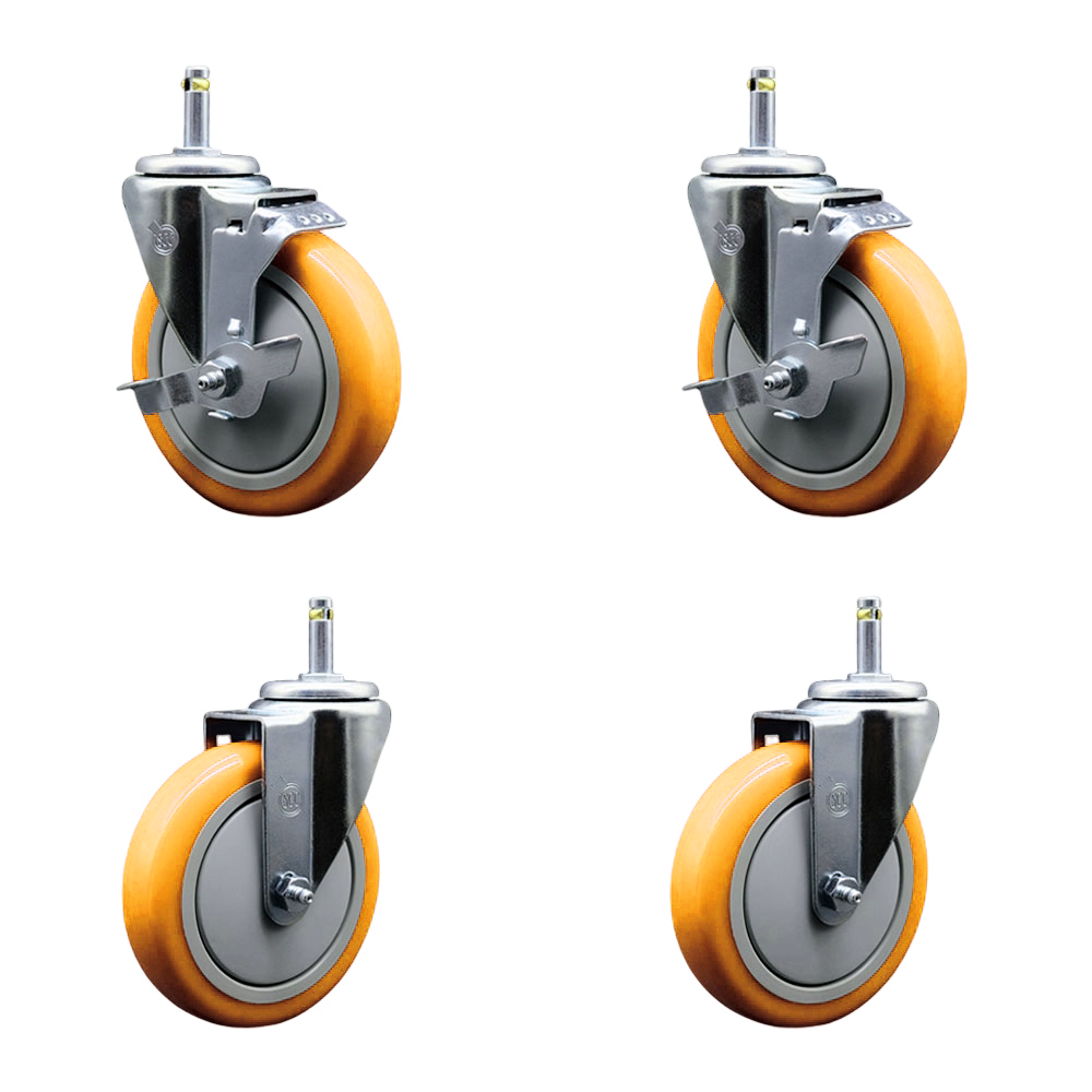 Polyurethane Swivel Grip Ring Stem Caster Set of 4 w/5" x 1.25"  Yellow Wheels and 7/16" Stems - Includes 2 with Top Locking Brake - 1400 lbs Total Capacity - Service Caster Brand — photo 1