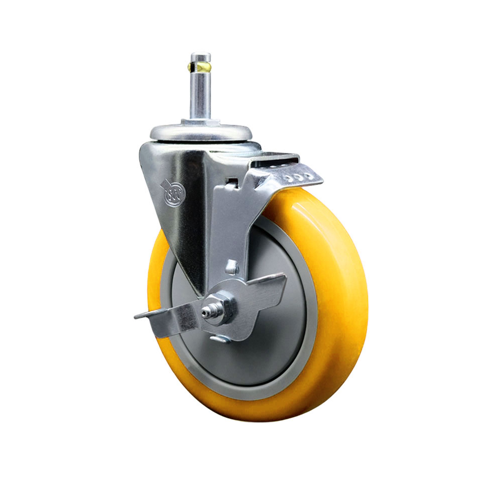 Polyurethane Swivel Grip Ring Stem Caster w/5" x 1.25"  Yellow Wheel and 7/16" Stem & Top Locking Brake - 350 lbs Capacity/Caster - Service Caster Brand — photo 1