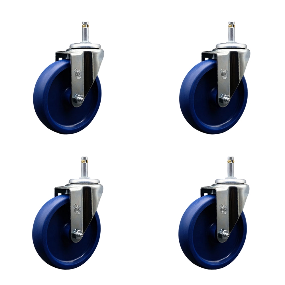Solid Polyurethane Swivel Grip Ring Stem Caster Set of 4 w/5" x 1.25" Blue Wheels and 7/16" Stems - Includes 4 Swivel - 1200 lbs Total Capacity - Service Caster Brand — photo 1