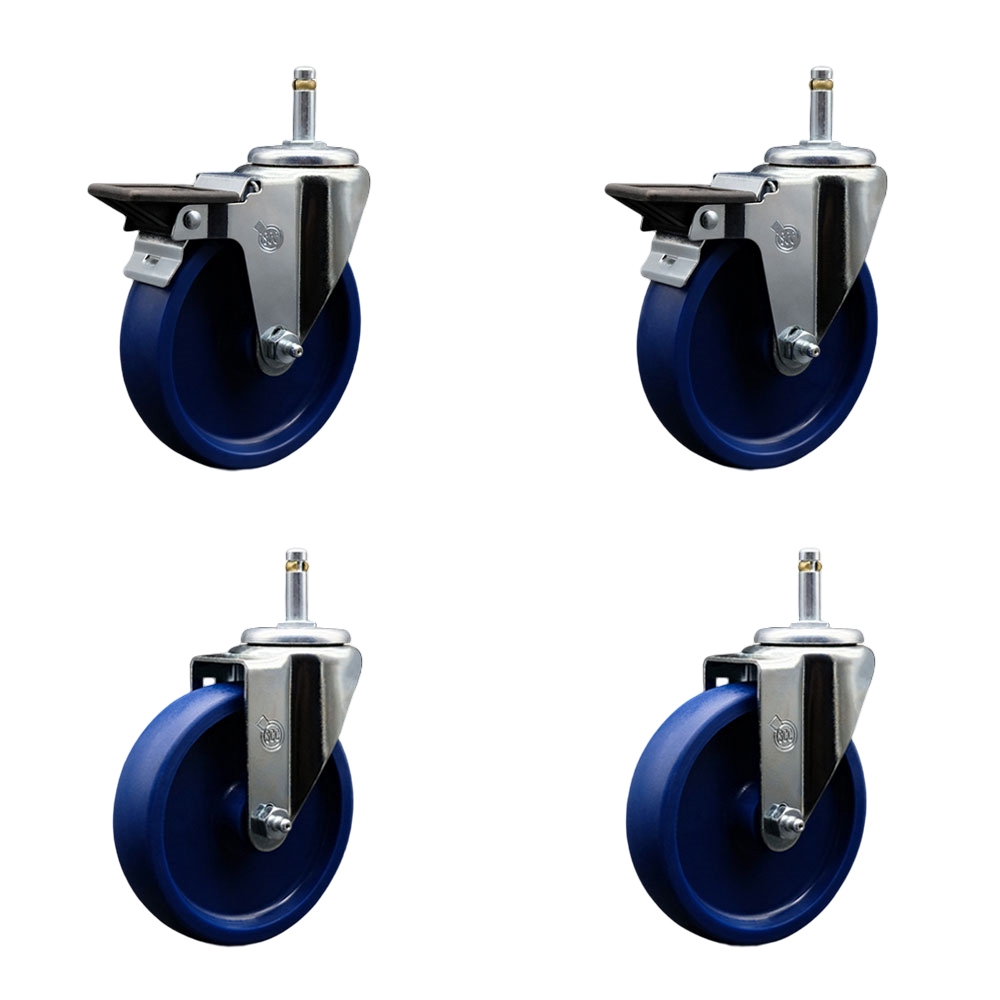 Solid Polyurethane Swivel Grip Ring Stem Caster Set of 4 w/5" x 1.25" Blue Wheels and 7/16" Stems - Includes 2 with Posi Locking Brake - 1200 lbs Total Capacity - Service Caster Brand — photo 1