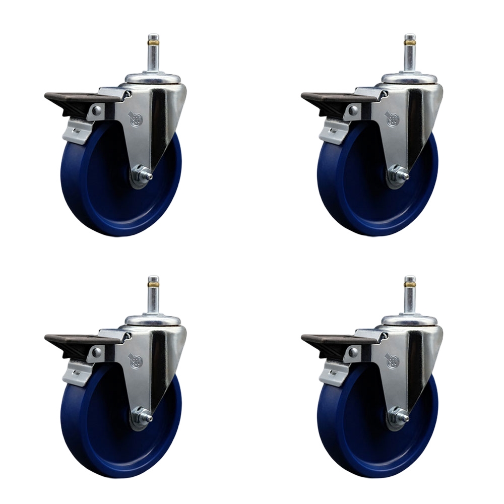 Solid Polyurethane Swivel Grip Ring Stem Caster Set of 4 w/5" x 1.25" Blue Wheels and 7/16" Stems - Includes 4 with Posi Lock Brakes - 1200 lbs Total Capacity - Service Caster Brand — photo 1