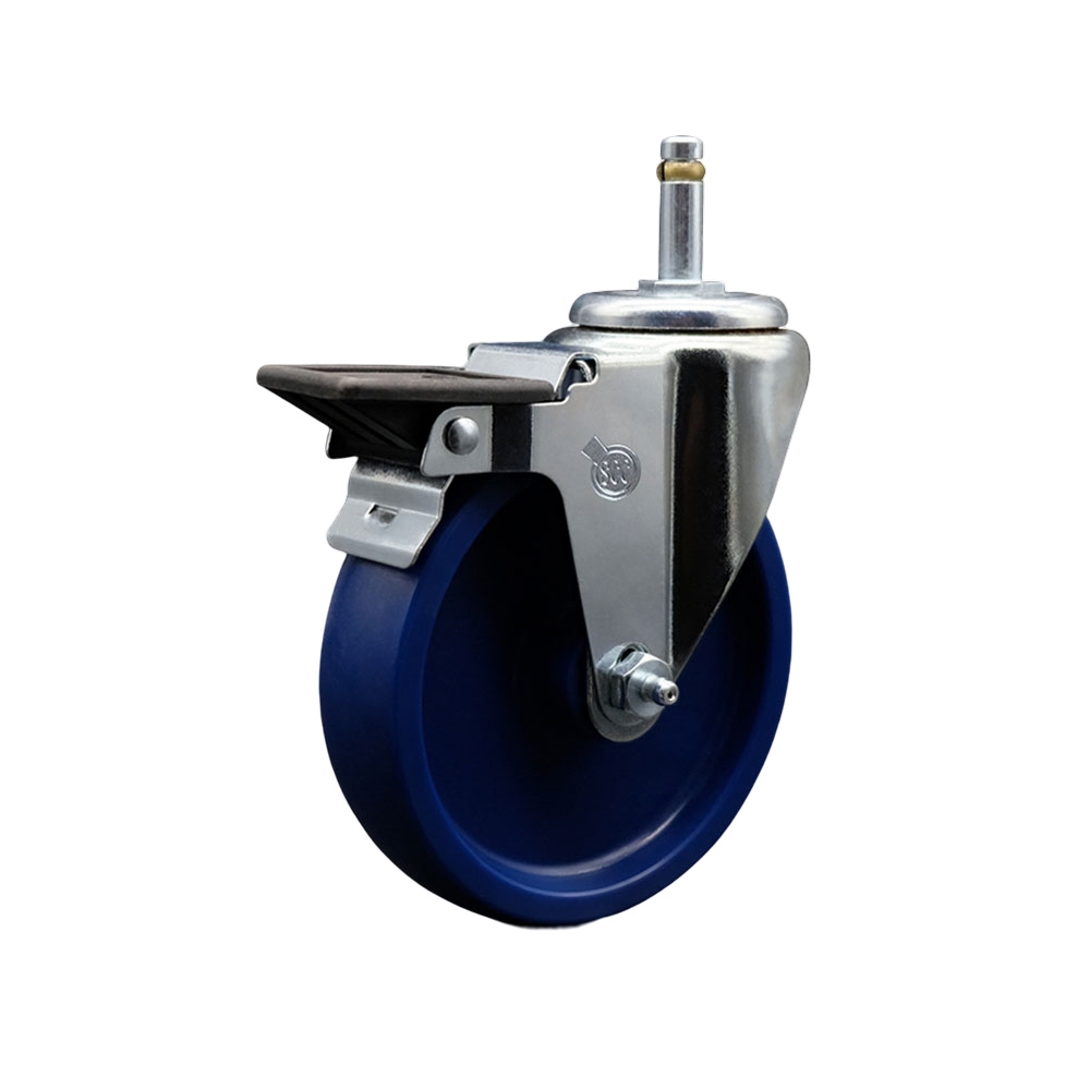 Solid Polyurethane Swivel Grip Ring Stem Caster w/5" x 1.25" Blue Wheel and 7/16" Stem & Posi Locking Brake - 300 lbs Capacity/Caster - Service Caster Brand — photo 1
