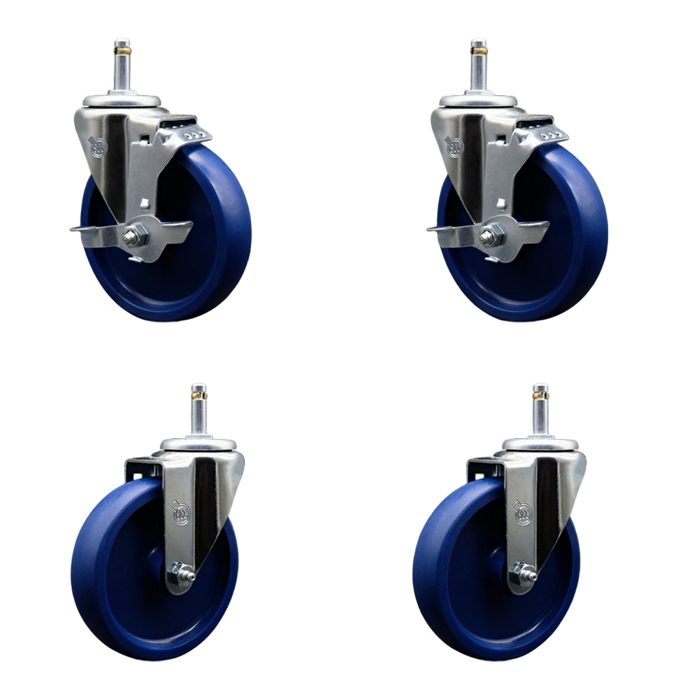 Solid Polyurethane Swivel Grip Ring Stem Caster Set of 4 w/5" x 1.25" Blue Wheels and 7/16" Stems - Includes 2 with Top Locking Brake - 1200 lbs Total Capacity - Service Caster Brand — photo 1