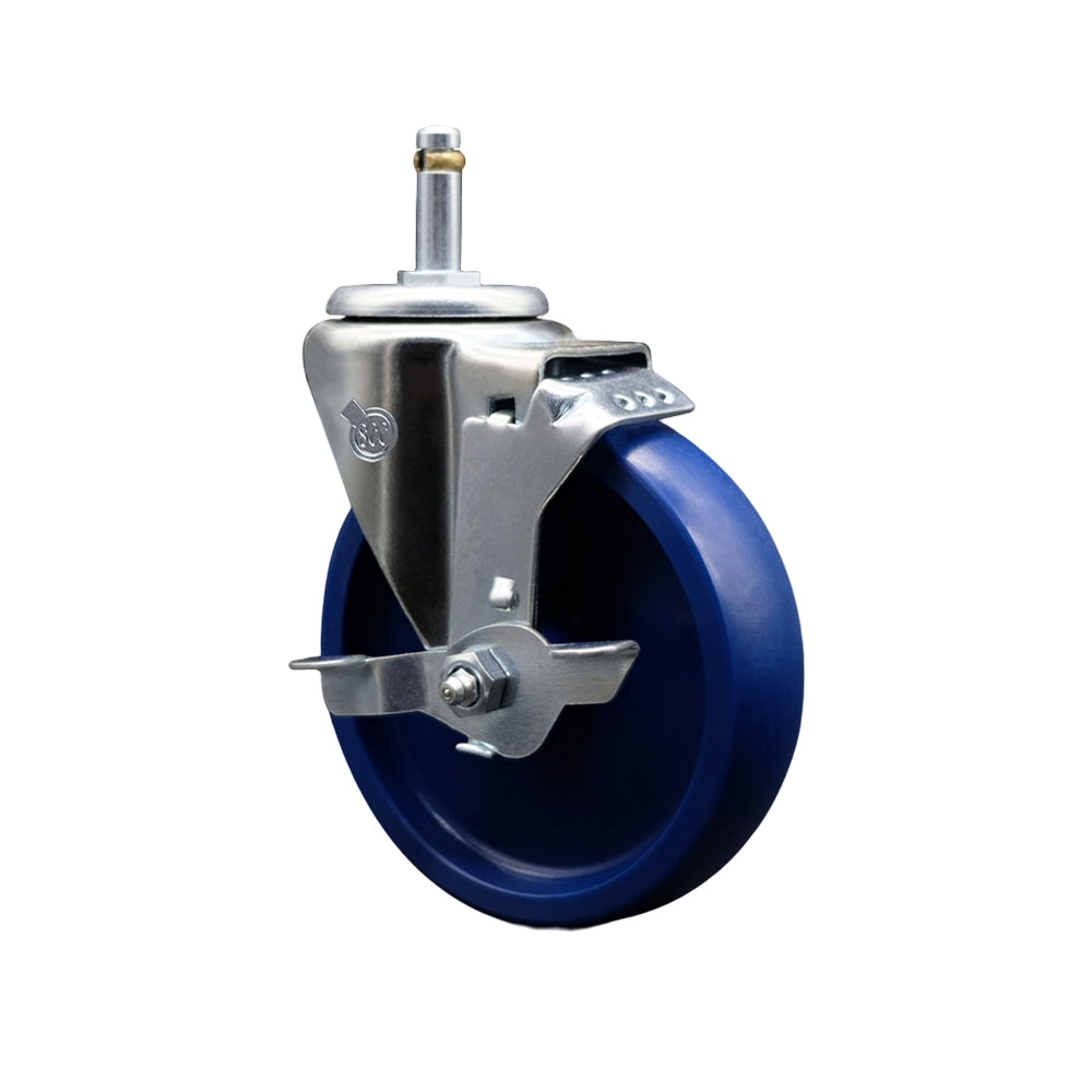 Solid Polyurethane Swivel Grip Ring Stem Caster w/5" x 1.25" Blue Wheel and 7/16" Stem & Top Locking Brake - 300 lbs Capacity/Caster - Service Caster Brand — photo 1