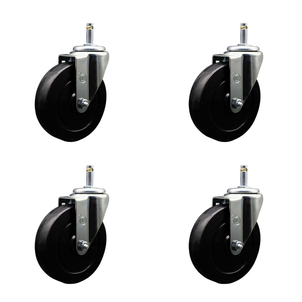 Soft Rubber Swivel Grip Ring Stem Caster Set of 4 w/5" x 1.25" Black Wheels and 7/16" Stems - Includes 4 Swivel - 1100 lbs Total Capacity - Service Caster Brand — photo 1
