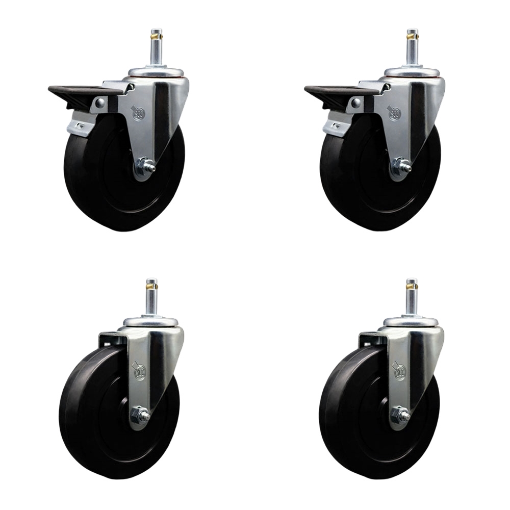 Soft Rubber Swivel Grip Ring Stem Caster Set of 4 w/5" x 1.25" Black Wheels and 7/16" Stems - Includes 2 with Posi Locking Brake - 1100 lbs Total Capacity - Service Caster Brand — photo 1