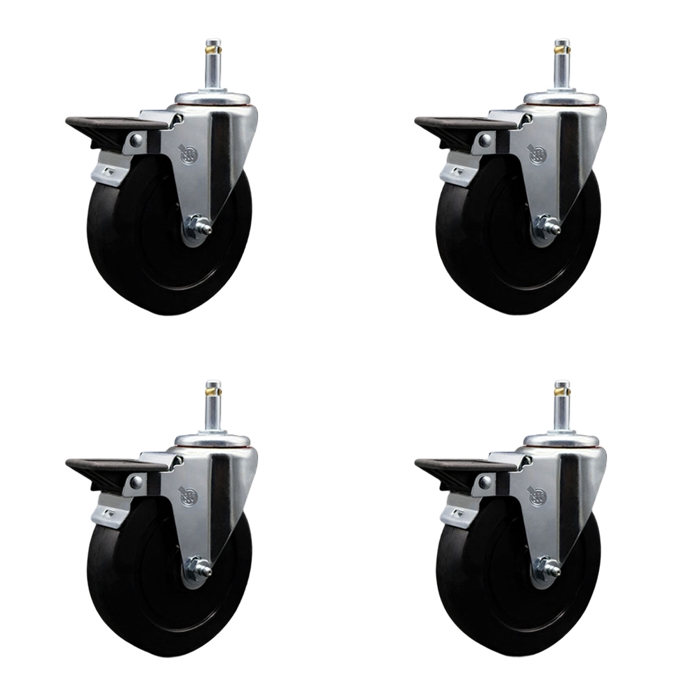 Soft Rubber Swivel Grip Ring Stem Caster Set of 4 w/5" x 1.25" Black Wheels and 7/16" Stems - Includes 4 with Posi Lock Brakes - 1100 lbs Total Capacity - Service Caster Brand — photo 1