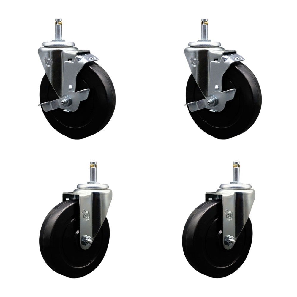 Soft Rubber Swivel Grip Ring Stem Caster Set of 4 w/5" x 1.25" Black Wheels and 7/16" Stems - Includes 2 with Top Locking Brake - 1100 lbs Total Capacity - Service Caster Brand — photo 1