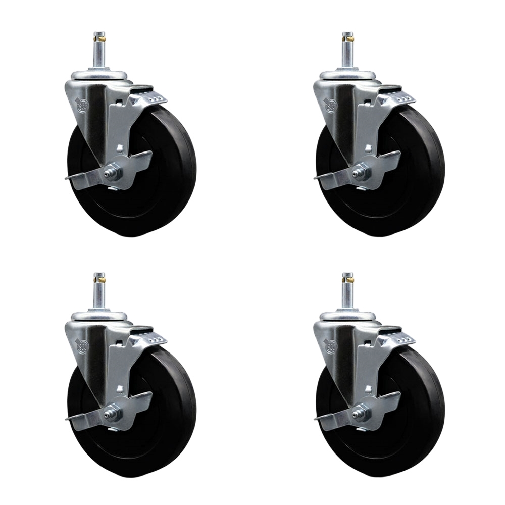 Soft Rubber Swivel Grip Ring Stem Caster Set of 4 w/5" x 1.25" Black Wheels and 7/16" Stems - Includes 4 with Top Lock Brakes - 1100 lbs Total Capacity - Service Caster Brand — photo 1
