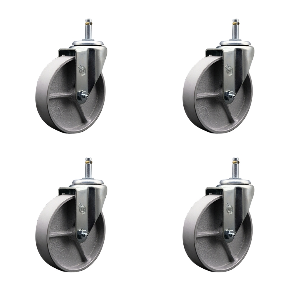 Semi Steel Cast Iron Swivel Grip Ring Stem Caster w/Roller Bearings Set of 4 w/5" x 1.5" Silver Wheels and 7/16" Stems - Includes 4 Swivel - 1200 lbs Total Capacity - Service Caster Brand — photo 1