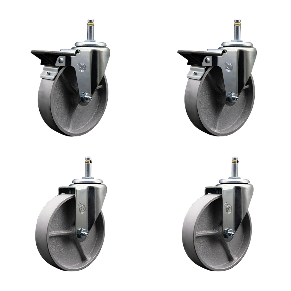 Semi Steel Cast Iron Swivel Grip Ring Stem Caster w/Roller Bearings Set of 4 - 5" x 1.5" Silver Wheels and 7/16" Stems-Includes 2 with Posi Locking Brake-1200 lbs Total Capacity - Service Caster Brand — photo 1