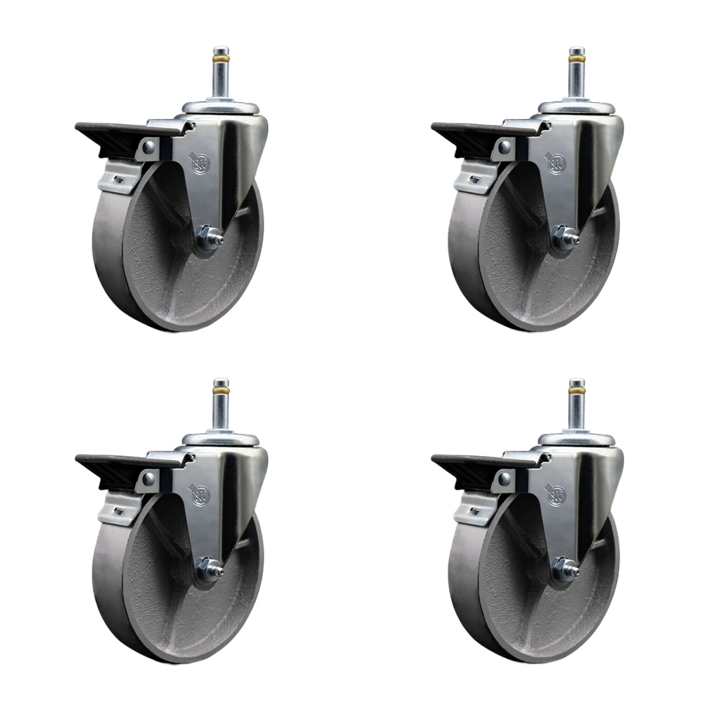 Semi Steel Cast Iron Swivel Grip Ring Stem Caster w/Roller Bearings Set of 4 w/5" x 1.5" Silver Wheels and 7/16" Stems - Includes 4 with Posi Lock Brakes-1200 lbs Total Capacity - Service Caster Brand — photo 1