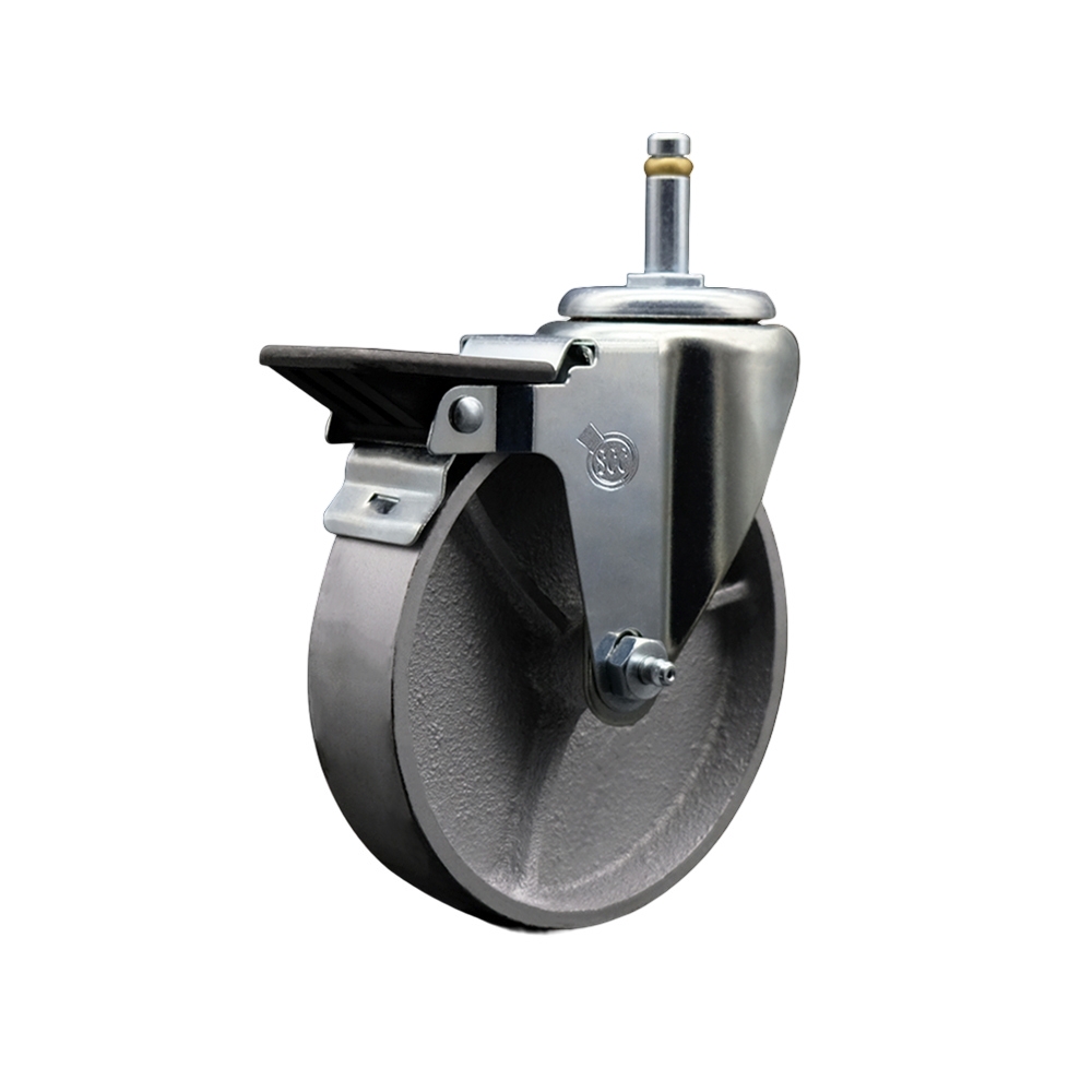 Semi Steel Cast Iron Swivel Grip Ring Stem Caster w/Roller Bearing - 5" x 1.5" Silver Wheel and 7/16" Stem & Posi Locking Brake - 300 lbs Capacity/Caster - Service Caster Brand — photo 1