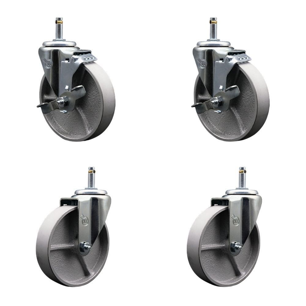 Semi Steel Cast Iron Swivel Grip Ring Stem Caster w/Roller Bearings Set of 4 - 5" x 1.5" Silver Wheels and 7/16" Stems - Includes 2 with Top Locking Brake-1200lbs Total Capacity - Service Caster Brand — photo 1
